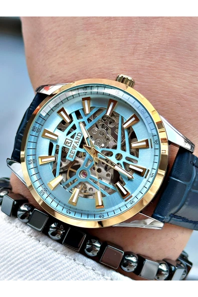 Reward Lacivert Renk Deri Kordon İskelet Model Otomatik Erkek Kol Saati + BİLEKLİK - Resim 2