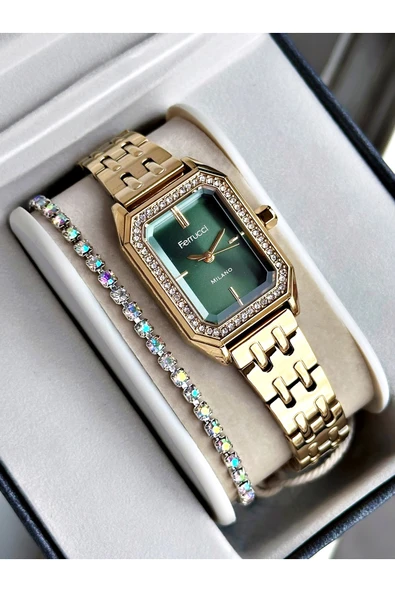 Ferrucci Altın Renk Taşlı Kare Model Garantili Şık Kadın Kol Saati + BİLEKLİK ürün görseli 1