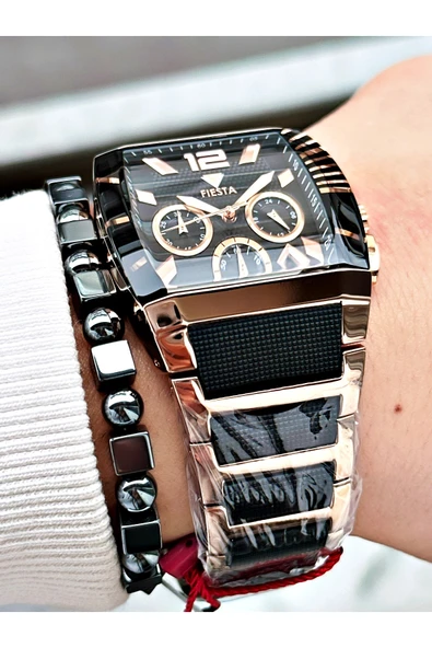 Fiesta Siyah Renk Kare Aynalı Model Çelik Business Erkek Kol Saati + BİLEKLİK - Resim 2