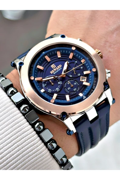 Reward Lacivert Renk Deri Kordon Çelik Kasa Fonksiyonlu Erkek Kol Saati + BİLEKLİK - Resim 3