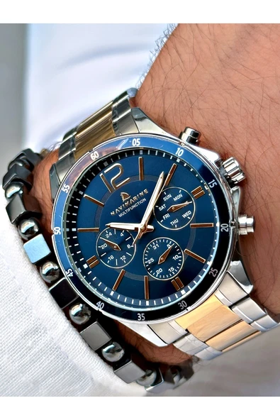 Navimarine Altın Gümüş Çift Renk Çelik Kordon Fonksiyonlu Erkek Kol Saati + BİLEKLİK - Resim 2