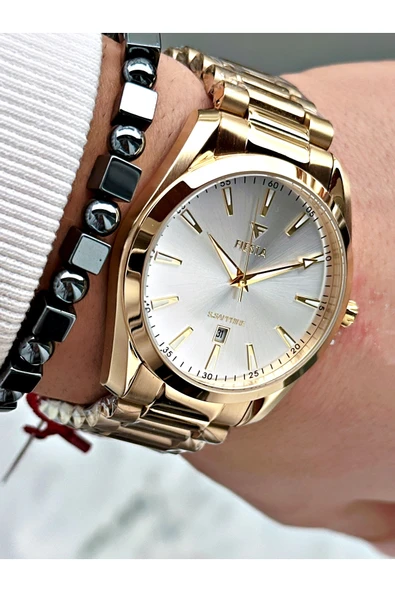 Fiesta Altın Silver Renk Çelik Kasa Kordon Erkek Kol Saati + BİLEKLİK - Resim 4
