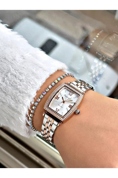 Ferrucci Rose Gold Gümüş Renk Kare Taşlı Model Çelik Kordon Kadın Kol Saati + BİLEKLİK - Resim 2