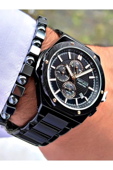 Ferrucci Siyah Renk Çelik Kordon Fonksiyonlar Aktif Erkek Kol Saati + BİLEKLİK - Resim 4