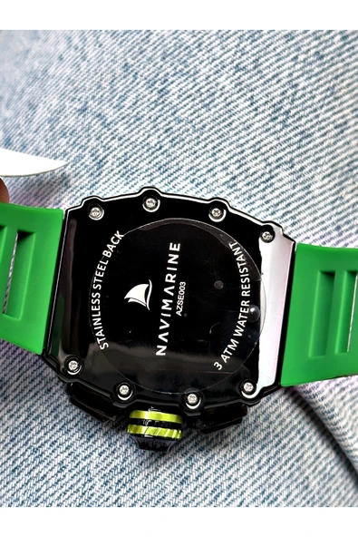 Navimarine Yeşil Renk Fonksiyonlu Spor Silikon Kare Erkek Kol Saati + BİLEKLİK HEDİYELİ - Resim 7