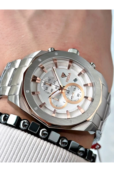 Fiesta Gümüş Renk Çelik Elite Mekanizma Garantili Fonksiyonlu Erkek Kol Saati + BİLEKLİK ürün görseli 1