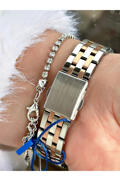 Navimarine Altın Renk Çelik Kordon Kadın Kol Saati + Bileklik Hediyeli - Resim 4