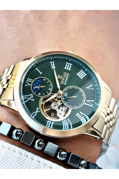 Reward Altın Renk Otomatik Mekanizma Roma Rakamlı Erkek Kol Saati + BİLEKLİK - Resim 3