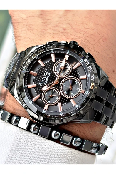 Ferrucci Siyah Renk Çelik Kordon Fonksiyonlu Erkek Kol Saati + BİLEKLİK HEDİYELİ ürün görseli 1