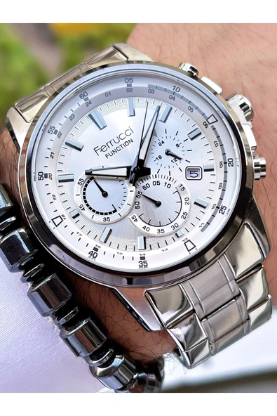 Ferrucci Gümüş Renk Silver Kadran Çelik Kordon Fonksiyonlu Erkek Kol Saati + Bileklik Hediyeli ürün görseli 1