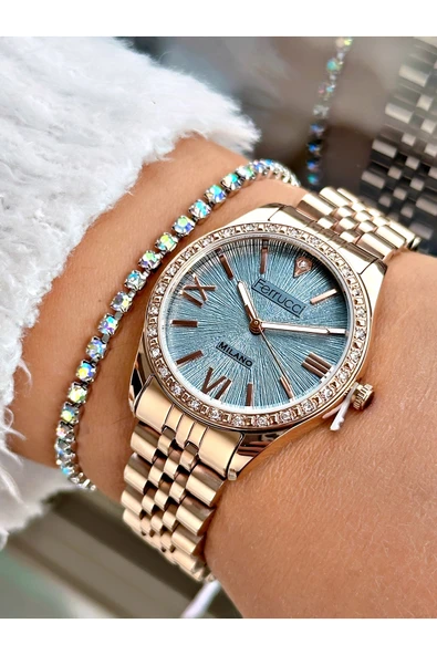Ferrucci Rose Gold Renk Roma Rakamlı Simli Model Şık Dizayn Kadın Kol Saati + BİLEKLİK ürün görseli 1