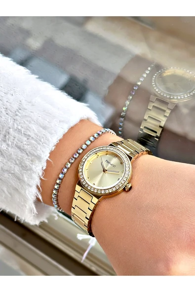 Ferrucci Altın Renk Taşlı Model Sade  Kadın Kol Saati + BİLEKLİK - Resim 2