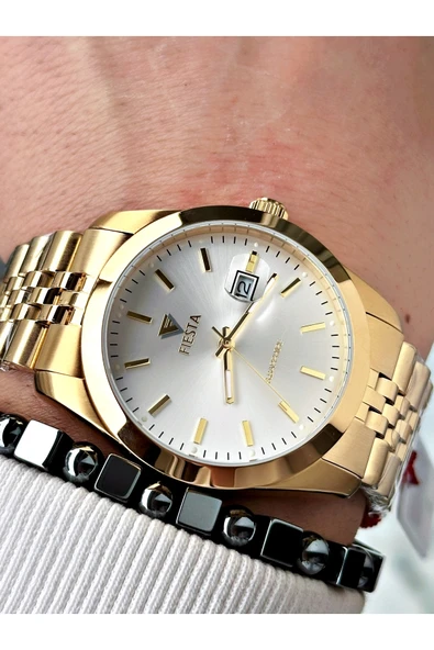 Fiesta Altın Renk Klasik Çelik Garantili Elite Erkek Kol Saati + BİLEKLİK - Resim 2