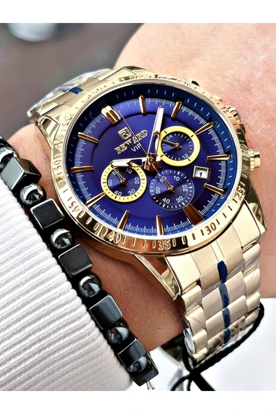 Reward Altın Renk Fonksiyonlar Aktif Ortası Şeritli Çelik Kordon Erkek Kol Saati + BİLEKLİK ürün görseli 1