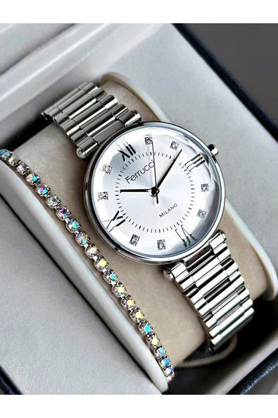 Ferrucci Gümüş Renk Roma Rakamlı Sade Model Çelik Kordon Kadın Kol Saati + BİLEKLİK ürün görseli 1