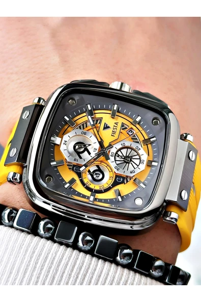 Fiesta Sarı Renk Kare Model Çelik Kasa Garantili Business Erkek Kol Saati + BİLEKLİK - Resim 2