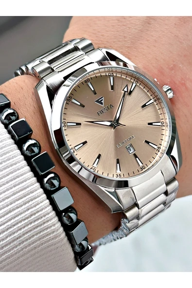 Fiesta Gümüş Silver Renk Çelik Kasa Kordon Erkek Kol Saati + BİLEKLİK ürün görseli 1