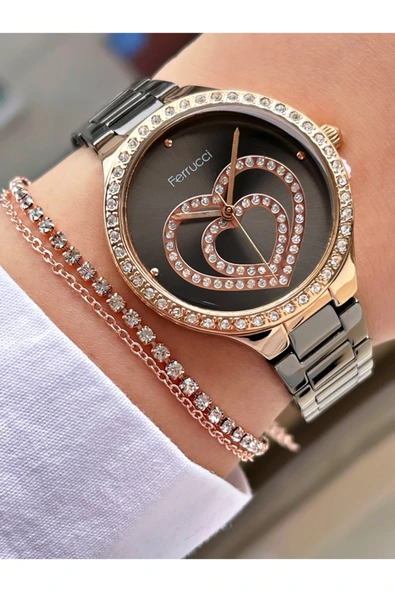 Ferrucci Füme Renk Rose Gold Kasa Kalpli Model Kadın Kol Saati + Bileklik Hediyeli - Resim 3