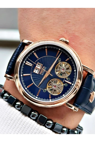 Fiesta Lacivert Renk Çift Türbünlü Deri Kordon Business Otomatik Erkek Kol Saati + BİLEKLİK - Resim 3