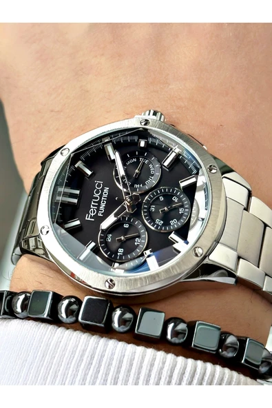 Ferrucci Siyah Renk Gümüş Kasa Deri Kayışlı Erkek Kol Saati + Hematit Doğaltaş Bileklik Hediyeli ürün görseli 1