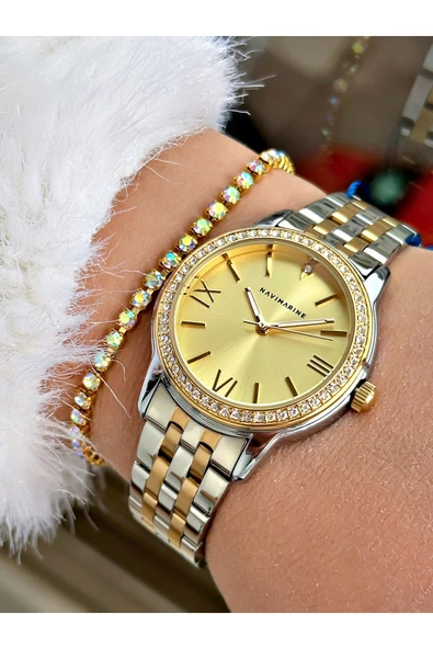 Navimarine Altın Renk Çelik Kordon Kadın Kol Saati + Bileklik Hediyeli ürün görseli 1
