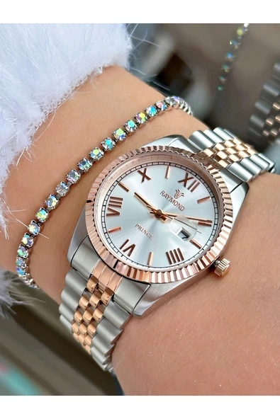 Raymond Rose Gümüş Renk Roma Rakamlı Çelik Elite Klasik Kadın Kol Saati + BİLEKLİK ürün görseli 1
