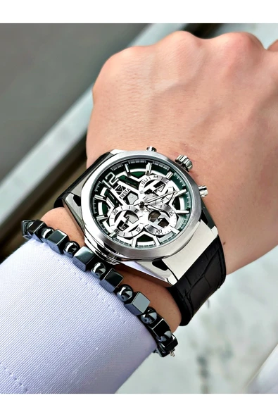 Fiesta Siyah Renk Fonksiyonlu Çelik Kasa Spor Deri Silikon Erkek Kol Saati + BİLEKLİK - Resim 2