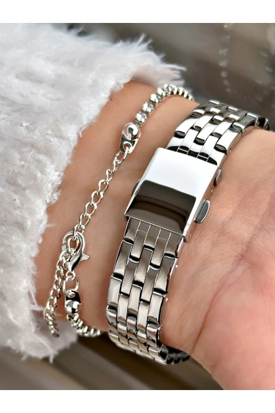 Ferrucci Gümüş Renk Çelik Kordon Taşlı Kasa Kadın Kol Saati + Bileklik Hediyeli - Resim 3