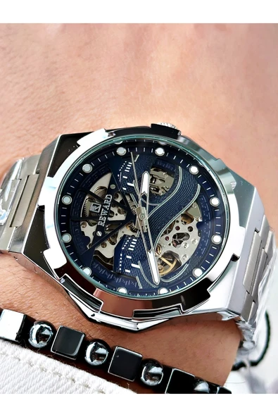 Reward Gümüş Renk Kabe Desen Otomatik Mekanizma Erkek Kol Saati + BİLEKLİK ürün görseli 1