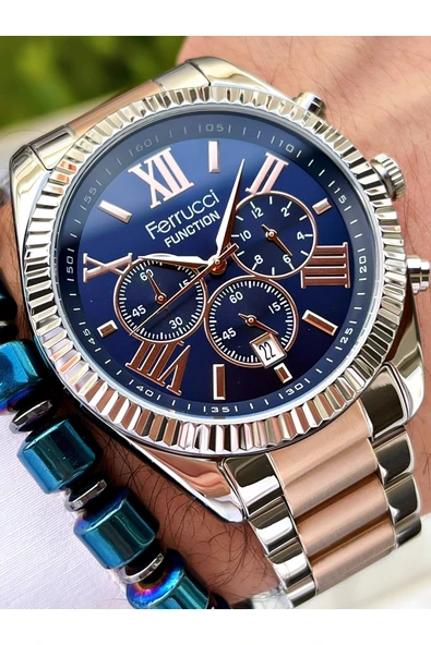 Ferrucci Rose Gold Gümüş Lacivert Kadran Fonksiyonlar Aktif Erkek Kol Saati ürün görseli 1