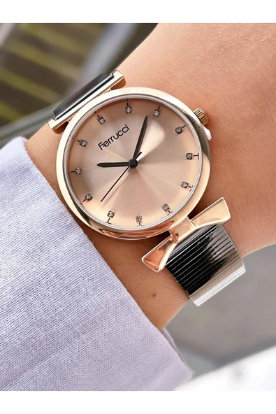 Ferrucci Füme Rose Gold Renk Sade Şık Dizayn Kadın Kol Saati - Resim 3