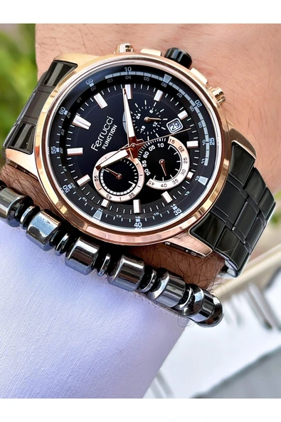Ferrucci Siyah Rose Gold Renk Çelik Kordon Fonksiyonlu Erkek Kol Saati Bileklik - Resim 3