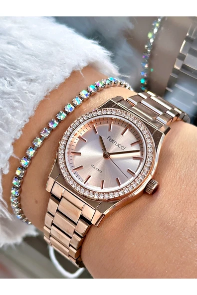 Ferrucci Rose Gold Renk Taşlı Model Şık Dizayn  Kadın Kol Saati + BİLEKLİK ürün görseli 1