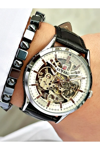 Reward Siyah Deri Kordon Otomatik Business Erkek Kol Saati + BİLEKLİK HEDİYELİ - Resim 2