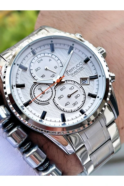 Ferrucci Gümüş Renk Silver Kadran Fonksiyonlar Aktif Erkek Kol Saati Bileklik Hediyeli ürün görseli 1