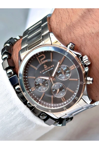 Navimarine Gümüş Renk Çelik Kordon Fonksiyonlu Erkek Kol Saati + BİLEKLİK HEDİYELİ ürün görseli 1