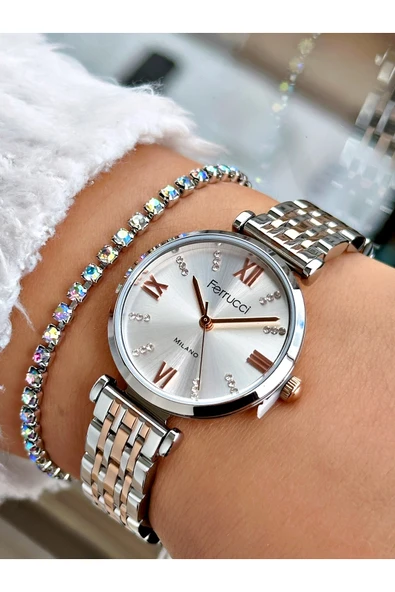 Ferrucci Rose Gold Gümüş Renk Roma Rakamlı Sade Model Çelik Kordon Kadın Kol Saati + BİLEKLİK ürün görseli 1