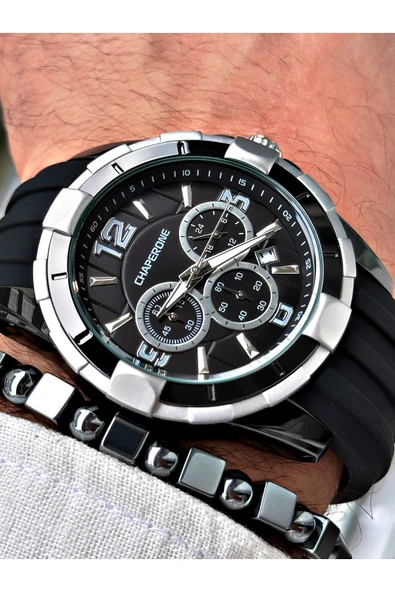 Chaperone Siyah Spor Silikon Fonksiyonlu Şık Dizayn Erkek Kol Saati + BİLEKLİK HEDİYELİ By Reward ürün görseli 1