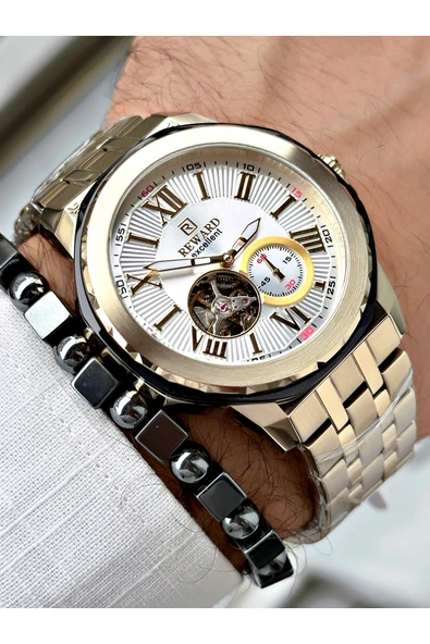 Reward Altın Renk Kasa Kordon Çelik  Mekanizma Erkek Kol Saati + BİLEKLİK - Resim 3