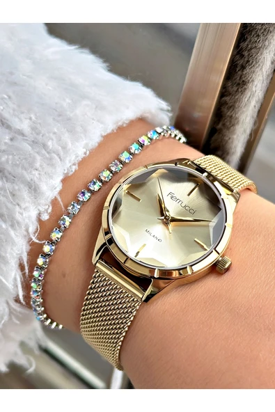 Ferrucci Altın Renk Kesme Cam Model Hasır Kordon  Kadın Kol Saati + BİLEKLİK ürün görseli 1
