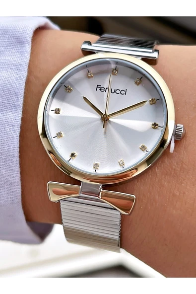 Ferrucci Altın Gold Silver Çift Renk Sade Şık Dizayn Kadın Kol Saati - Resim 2