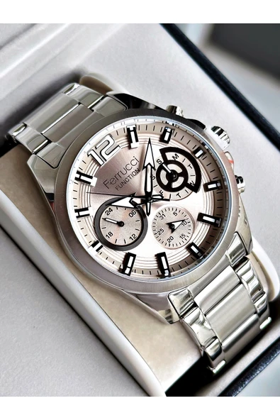 Ferrucci Gümüş Renk Fonksiyonlar Aktif Çelik Kordon Erkek Kol Saati + BİLEKLİK ürün görseli 1