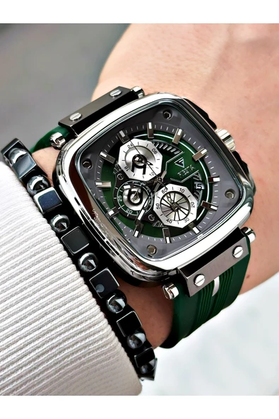 Fiesta Yeşil Renk Kare Model Çelik Kasa Garantili Business Erkek Kol Saati + BİLEKLİK - Resim 4