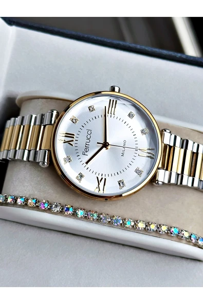 Ferrucci Altın Gümüş Renk Roma Rakamlı Sade Model Çelik Kordon Kadın Kol Saati + BİLEKLİK - Resim 2