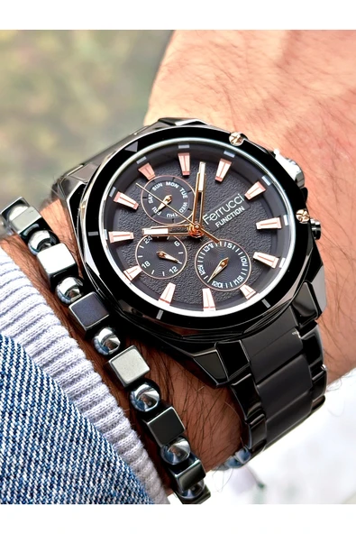 Ferrucci Siyah Renk Fonksiyonlu Çelik Kordon Spor Erkek Kol Saati + BİLEKLİK - Resim 3