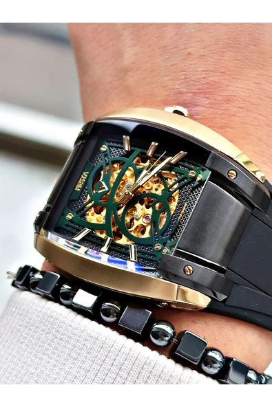 Fiesta Siyah Renk Spor Silikon Kare Çelik Kasa Otomatik Business Erkek Kol Saati + BİLEKLİK - Resim 3