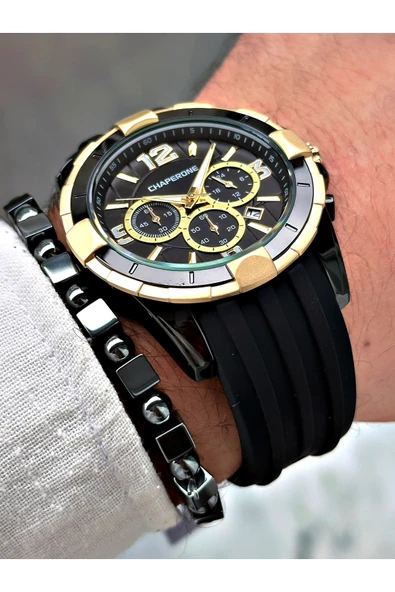 Chaperone Siyah Spor Silikon Fonksiyonlu Şık Dizayn Erkek Kol Saati + BİLEKLİK HEDİYELİ By Reward - Resim 4