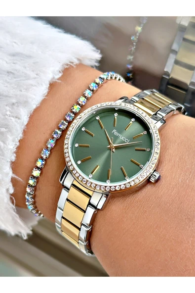 Ferrucci Altın Gümüş Renk Sade Taşlı Model  Garantili Kadın Kol Saati + BİLEKLİK ürün görseli 1