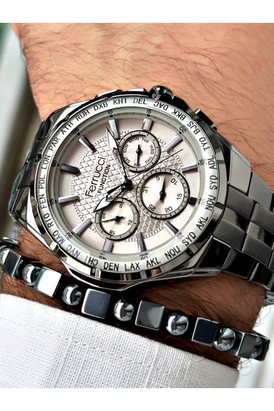 Ferrucci Füme Renk Çelik Kordon Fonksiyonlu Erkek Kol Saati + BİLEKLİK HEDİYELİ ürün görseli 1