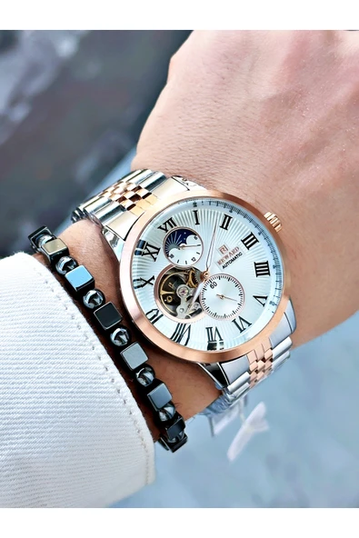 Reward Rose Gold Gümüş Renk Otomatik Mekanizma Roma Rakamlı Erkek Kol Saati + BİLEKLİK - Resim 3